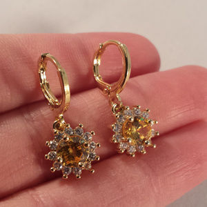 18K Yellow Gold Filled Flower Citrine Yellow Diamond Zircon Earrings Gorgeous